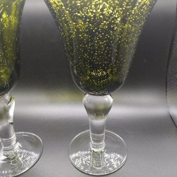 Green to Clear Bubble Glass Stem Water Wine Goblet 8" Heavy Blown Glass Set of 2 - Picture 4 of 5